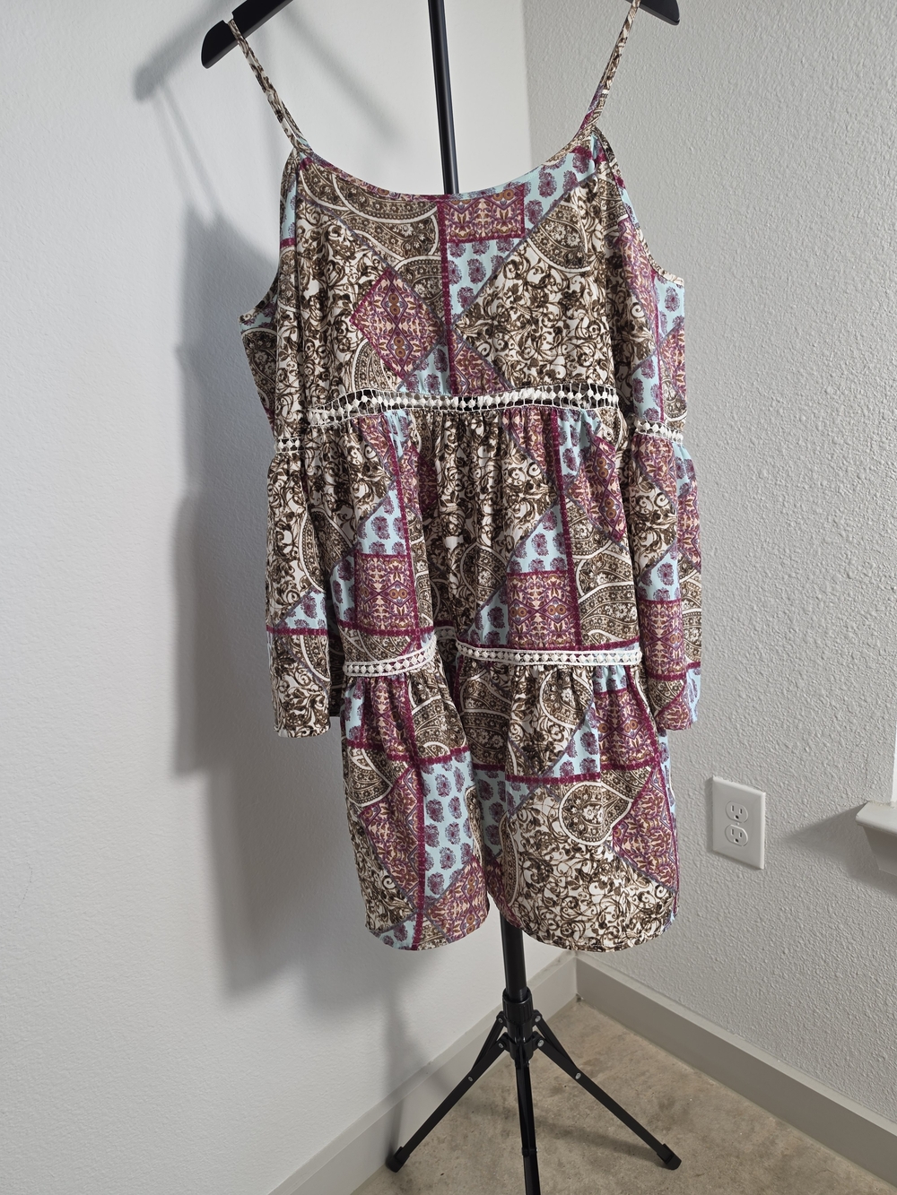Sugar+Lips Boho Paisley Patchwork Cold Shoulder Bell Sleeve Tiered Mini Dress -
